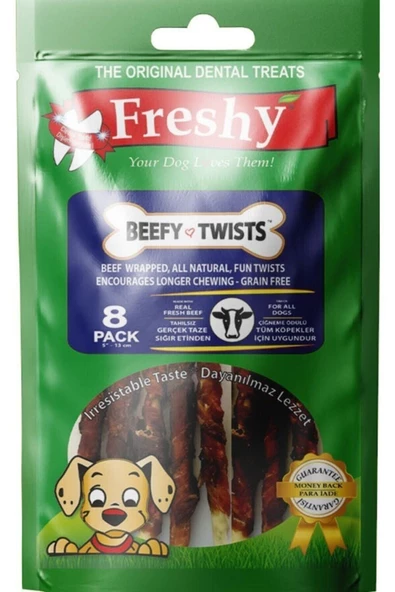Freshy Beefy Twists Dental Sığır Etli Burgu Çubuk Köpek Ödülü 13 cm 8'li 75 gr ürün görseli 1