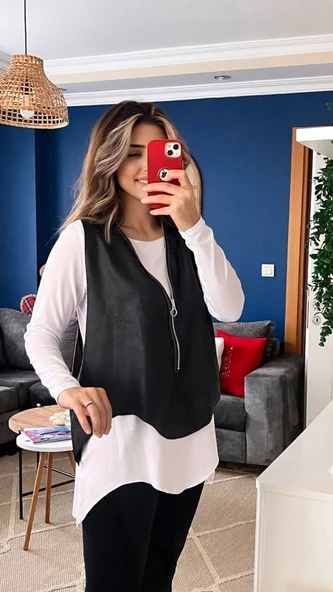 Kadın Uzun Kol Asimetrik Kesim Viskon Bluz Ve çatlak Deri Görünümlü Fermuar Detaylı Yelek Ikili Takım ürün görseli 1