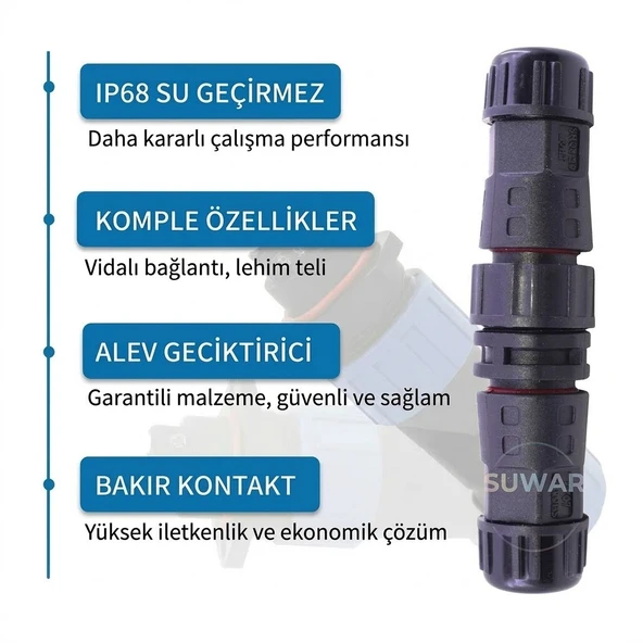 IP68 Su Geçirmez 2 Pin Kilitli Kablo Soketi (Erkek-Dişi Konnektör) ürün görseli 1