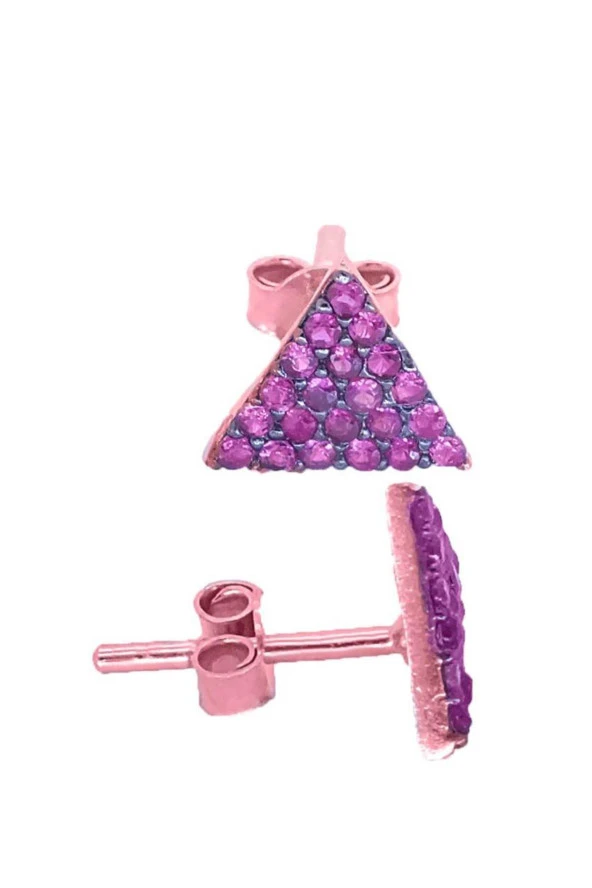 Üçgen Pembe Taşlı  Yıldız Taşlı Bayan Gümüş Küpe ürün görseli 1