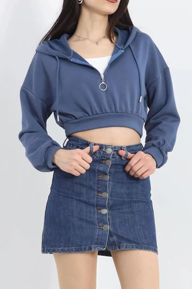 Modal Kapşonlu Crop Sweat İndigo - 12885.148. - Resim 3
