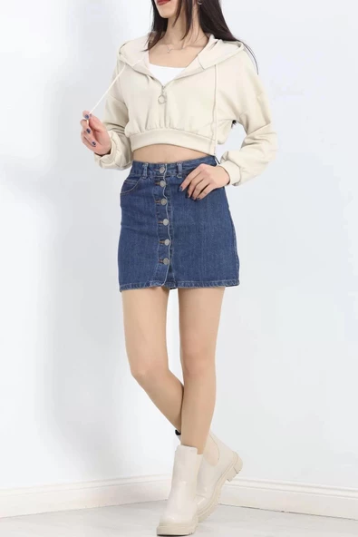 Modal Kapşonlu Crop Sweat Bej - 12885.148. - Resim 4