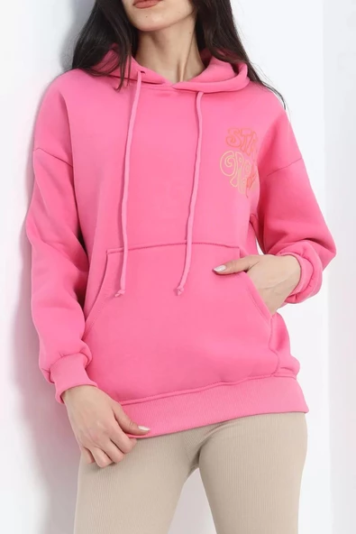 Baskılı Kapşonlu Kanguru Sweat Pembe - 20244.1878. ürün görseli 1