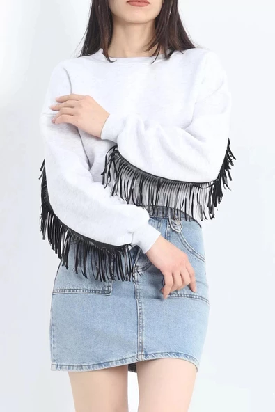 Deri Saçaklı Sweat Gri - 12690.148. - Resim 4