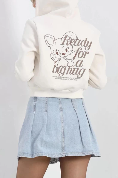 Sırt Baskılı Fermuarlı Crop Sweat Kırıkbeyaz - 20745.1873. ürün görseli 1