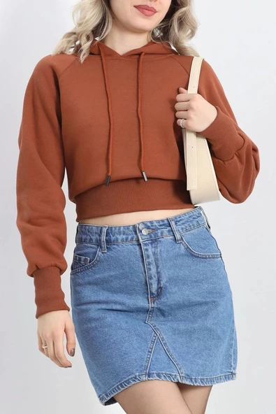 Kapşonlu Crop Sweat Kiremit - 20967.1878. ürün görseli 1