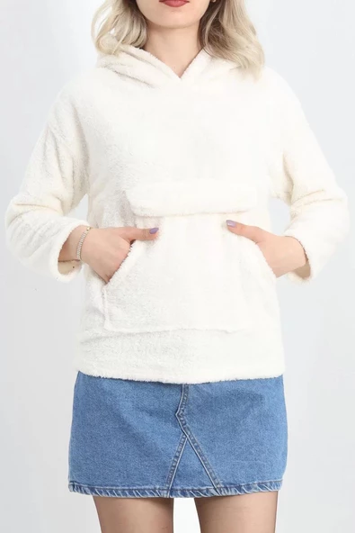 Kanguru Cep Kapşonlu Peluş Sweat Ekru - 9062.1153. ürün görseli 1
