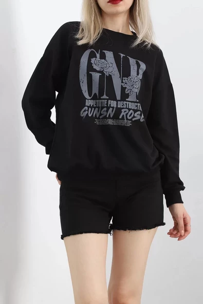Baskılı İki İplik Oversize Sweat Siyah - 21648.200. ürün görseli 1