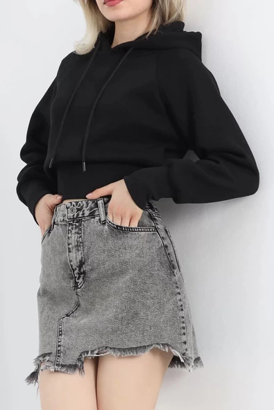 3 İplik Kapşonlu Crop Sweat Siyah - 20967.1878. ürün görseli 1