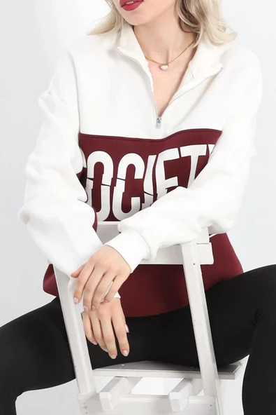 Yaka Fermuarlı 3 İplik Sweat Bordo - 20159.1059. ürün görseli 1