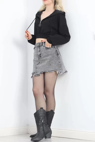Modal Kapşonlu Crop Sweat Siyah - 12885.148. - Resim 4