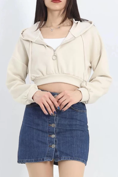Modal Kapşonlu Crop Sweat Bej - 12885.148. - Resim 5