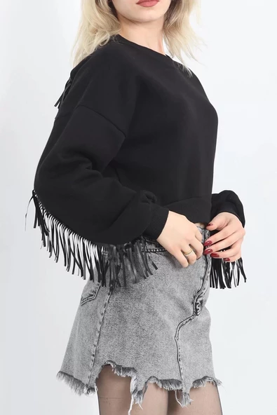 Deri Saçaklı Sweat Siyah - 12690.148. - Resim 7