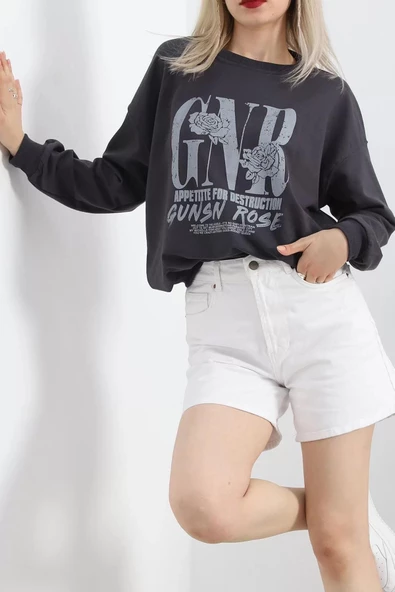 Baskılı İki İplik Oversize Sweat Füme - 21648.200. ürün görseli 1