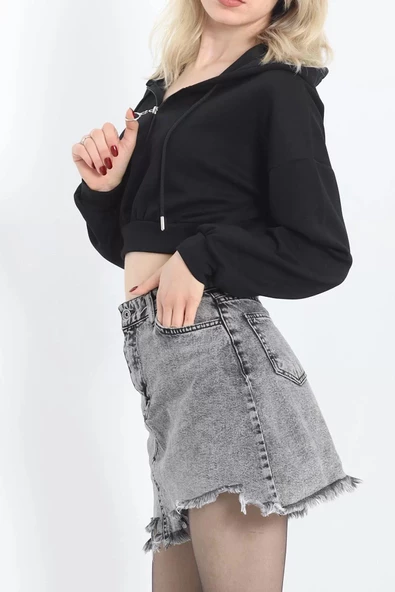 Modal Kapşonlu Crop Sweat Siyah - 12885.148. - Resim 8