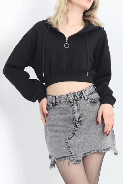 Modal Kapşonlu Crop Sweat Siyah - 12885.148. - Resim 5