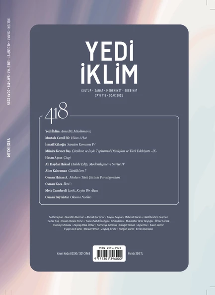 Yedi İklim Dergi 418.Sayı Ocak 2025 ürün görseli 1