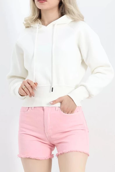 3 İplik Kapşonlu Crop Sweat Ekru - 20967.1878. ürün görseli 1