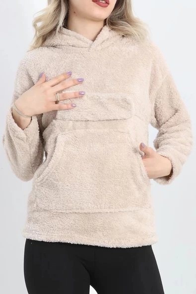 Kanguru Cep Kapşonlu Peluş Sweat Taş - 9062.1153. ürün görseli 1