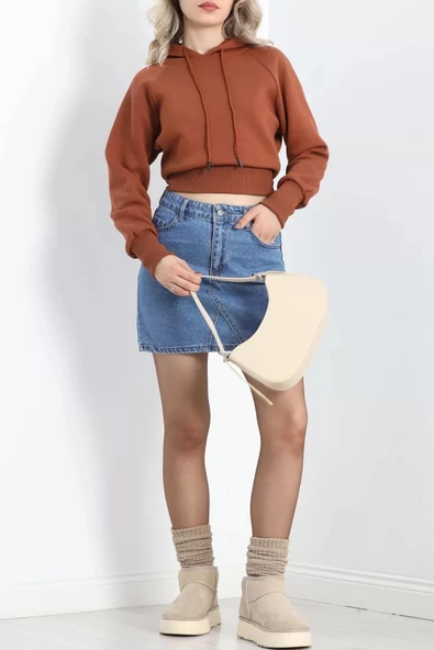 Kapşonlu Crop Sweat Kiremit - 20967.1878. - Resim 5