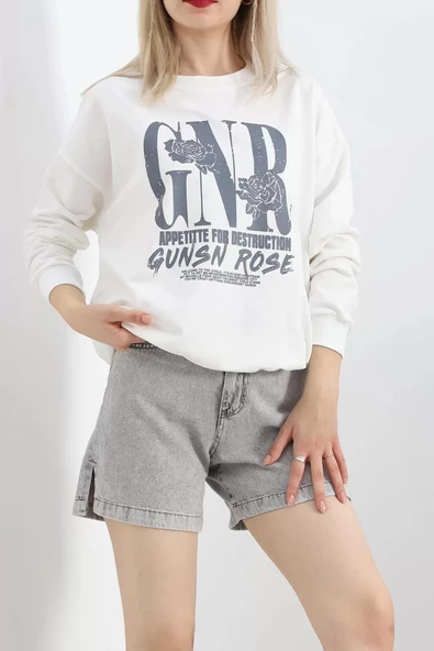 Baskılı İki İplik Oversize Sweat Ekru - 21648.200. ürün görseli 1