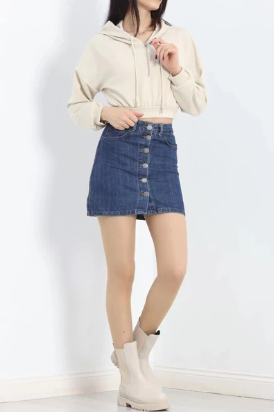 Modal Kapşonlu Crop Sweat Bej - 12885.148. - Resim 7