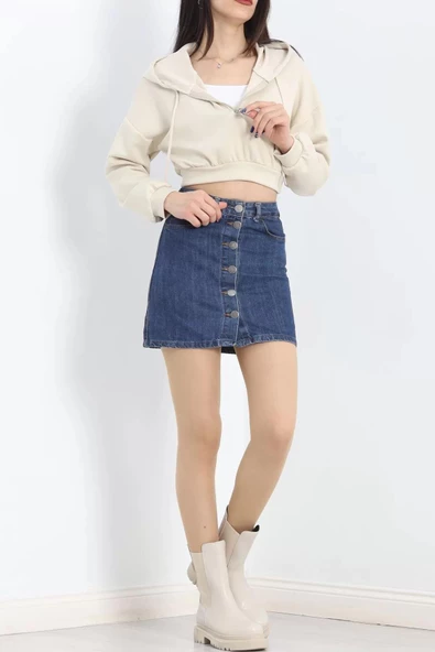 Modal Kapşonlu Crop Sweat Bej - 12885.148. - Resim 6