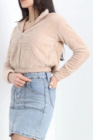 Fermuarlı Crop Peluş Sweat Bej - 9060.1153. ürün görseli 1