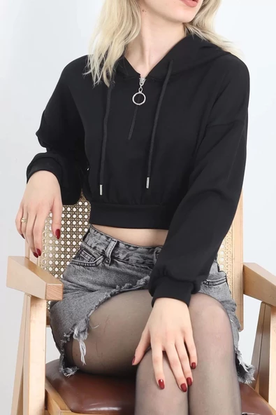 Modal Kapşonlu Crop Sweat Siyah - 12885.148. ürün görseli 1