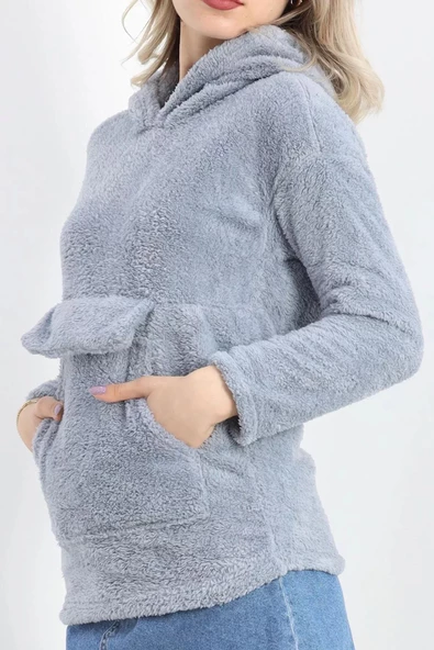 Kanguru Cep Kapşonlu Peluş Sweat Gökmavisi - 9062.1153. ürün görseli 1