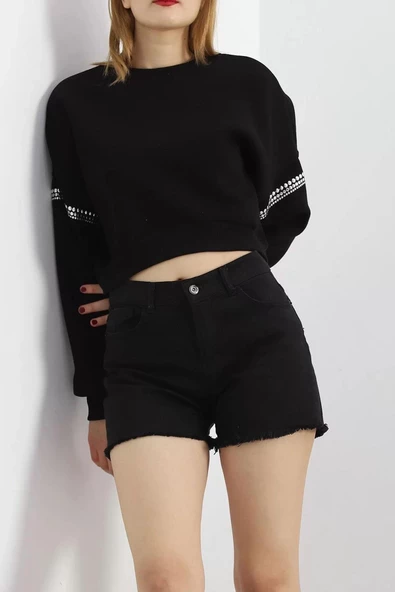 Kol Detay 3 İplik Crop Sweat Siyah - 12691.148. ürün görseli 1