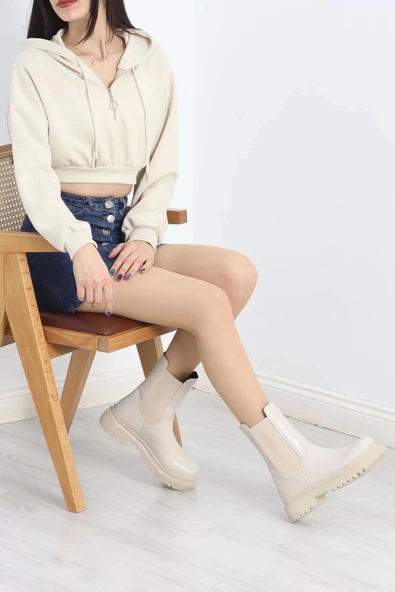 Modal Kapşonlu Crop Sweat Bej - 12885.148. - Resim 2