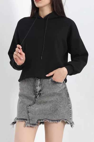 Kapşonlu 3 İplik Crop Sweat Siyah - 20969.1878. ürün görseli 1