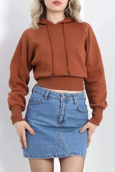 Kapşonlu Crop Sweat Kiremit - 20967.1878. - Resim 3