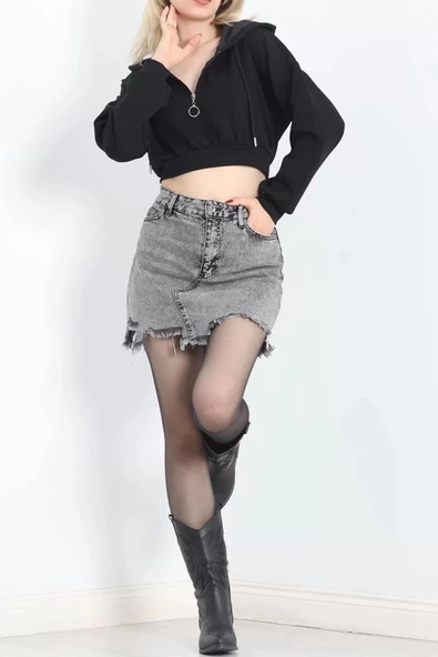 Modal Kapşonlu Crop Sweat Siyah - 12885.148. - Resim 6