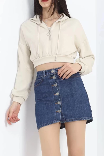 Modal Kapşonlu Crop Sweat Bej - 12885.148. - Resim 3