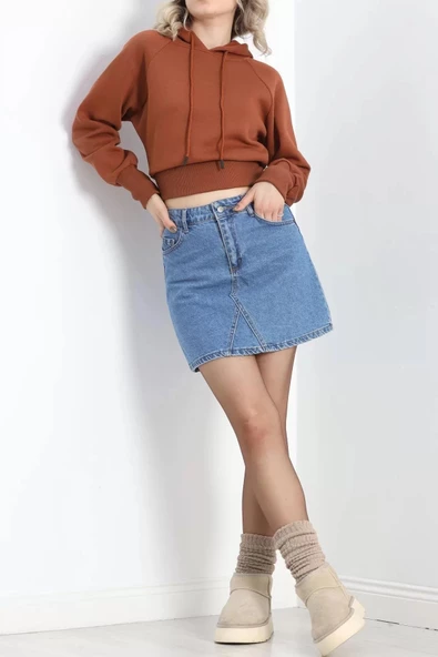 Kapşonlu Crop Sweat Kiremit - 20967.1878. - Resim 8