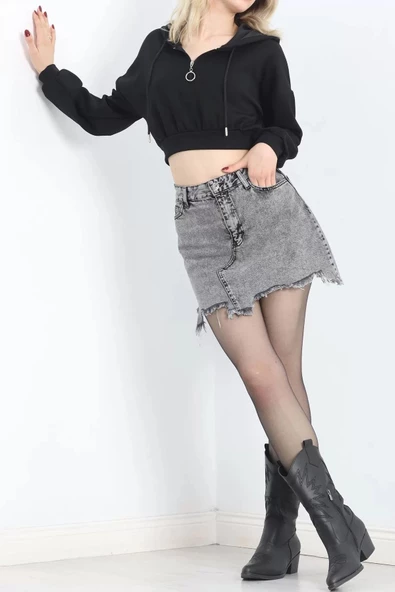 Modal Kapşonlu Crop Sweat Siyah - 12885.148. - Resim 2