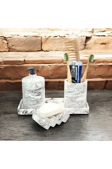 Mermer Detaylı Şık Beton Banyo Aksesuar Seti (4 Parça) ürün görseli 1