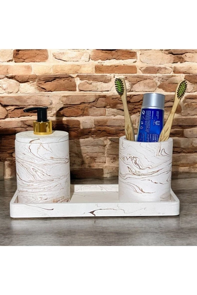 Lüks Mermer Desenli Beton Banyo Aksesuar Seti (3 Parça) ürün görseli 1
