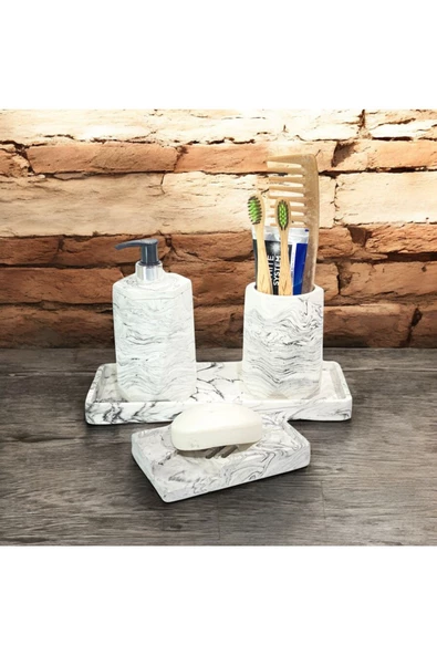 Doğal Görünümlü Mermer Esintili Beton Banyo Aksesuar Seti (4 Parça) ürün görseli 1