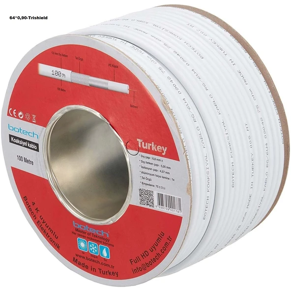 ( 1mt fiyatı) Botech Rg6u4 64 Tel 0,90mm orta damar Kaliteli Anten Kablosu ürün görseli 1