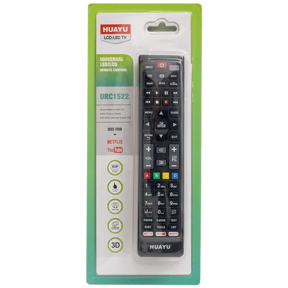 HUAYU URC1522 NETFLIX-YOUTUBE-AMAZON TUŞLU LED-LCD TV UNIVERSAL AKILLI KUMANDA AMBALAJ'LI ürün görseli 1