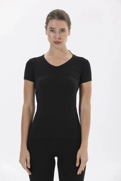 Yıldız 2371 Premium Kadın V Yaka Siyah Kısa Kollu Pamuklu Likralı T-shirt ürün görseli 1