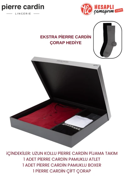 Pierre Cardin Premium Erkek Pamuklu Uzun Kollu Pijama Takım ve Atlet Boxer Çorap Damat Çeyiz Set Takım ürün görseli 1