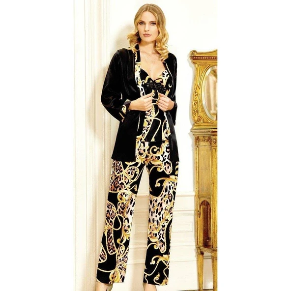 Jeremi 2916 Saten Desenli Üçlü Pijama Takımı ürün görseli 1