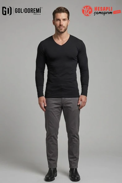 Yıldız Premium Erkek Siyah Pamuklu Likralı İnce V Yaka Uzun Kollu Body/Sweat T-Shirt ürün görseli 1