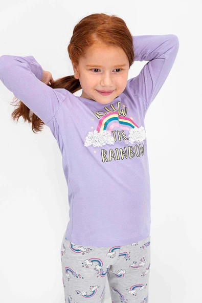 Roly Poly 2455 Kız Çocuk Follow The Rainbow Lila Uzun Kol Pijama Takımı ürün görseli 1