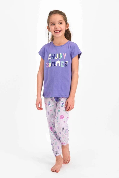 Roly Poly 2476 Kız Çocuk Enjoy Summer Mor Kısa Kol Pijama Takımı ürün görseli 1