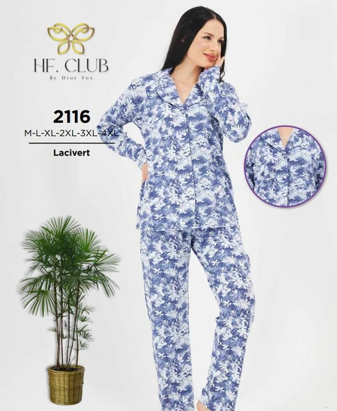 HF Club 2116 Kadın Önden Düğmeli Uzun Kollu Pijama Takımı ürün görseli 1